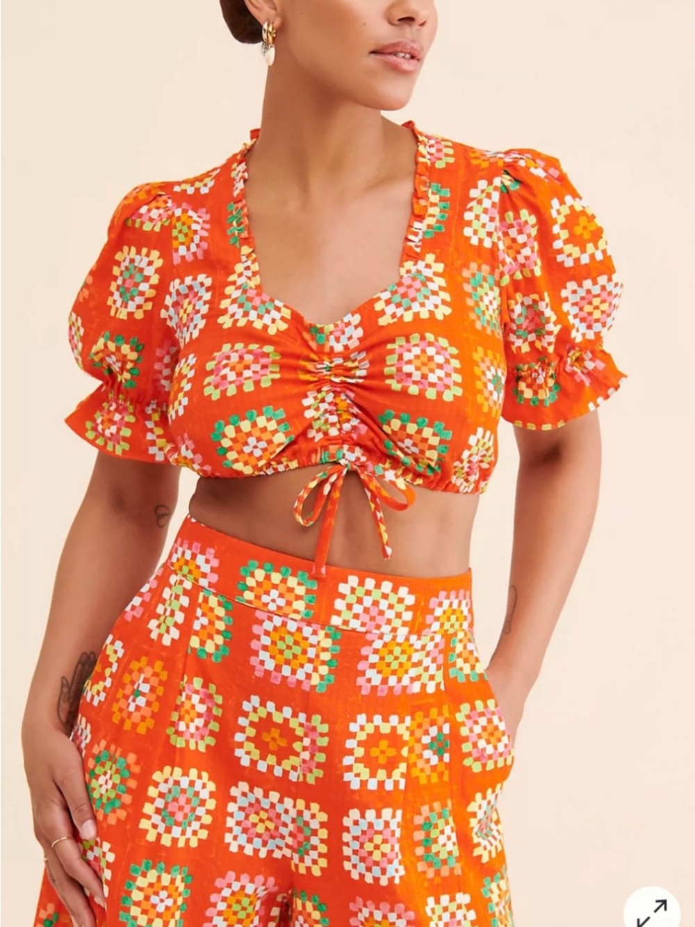 Rachel Antonoff Snyder Orange Crochet-Print Drawstring Crop Top